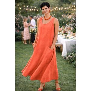 Sleeveless 100% Cotton Midi Dress Pockets Coral size 8/10